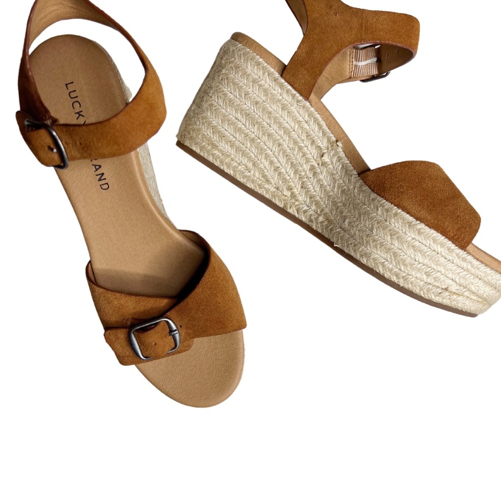 LUCKY BRAND Espadrille Naveah Wedge Sandal Size 7.5 Ankle Strap Buckle Casual